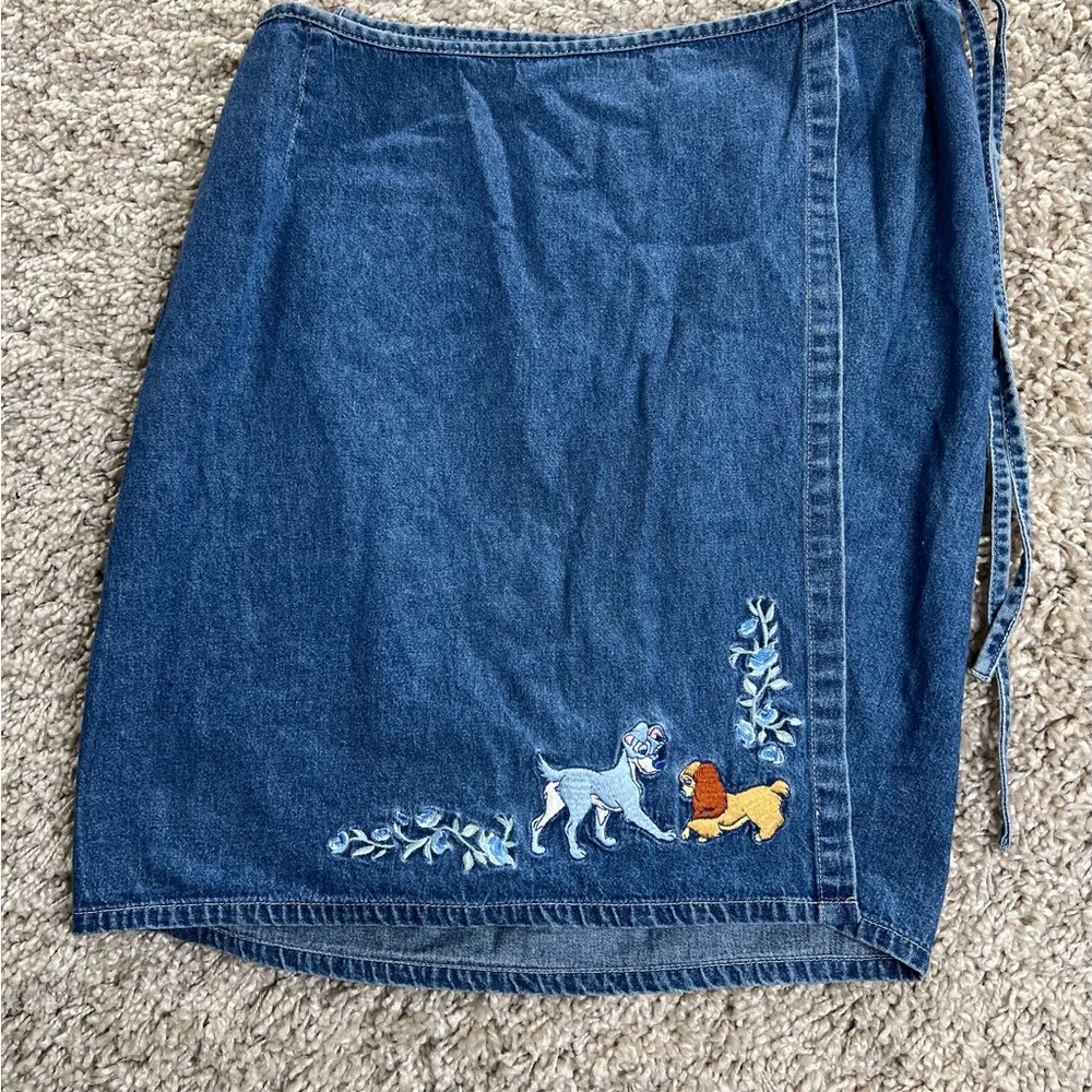 Disney Blue Denim wrap Skirt with Lady and the Tramp Embroidered Characters - Picture 2 of 4